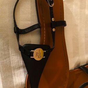 Ralph Lauren like new black leather sandals with shiny brown base.